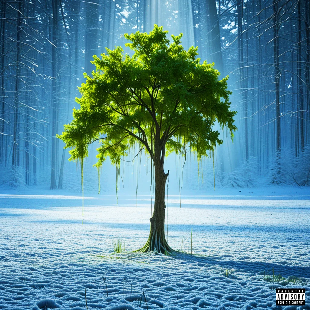 Growth album artwork: a vivid green tree standing in a snowy blue forest